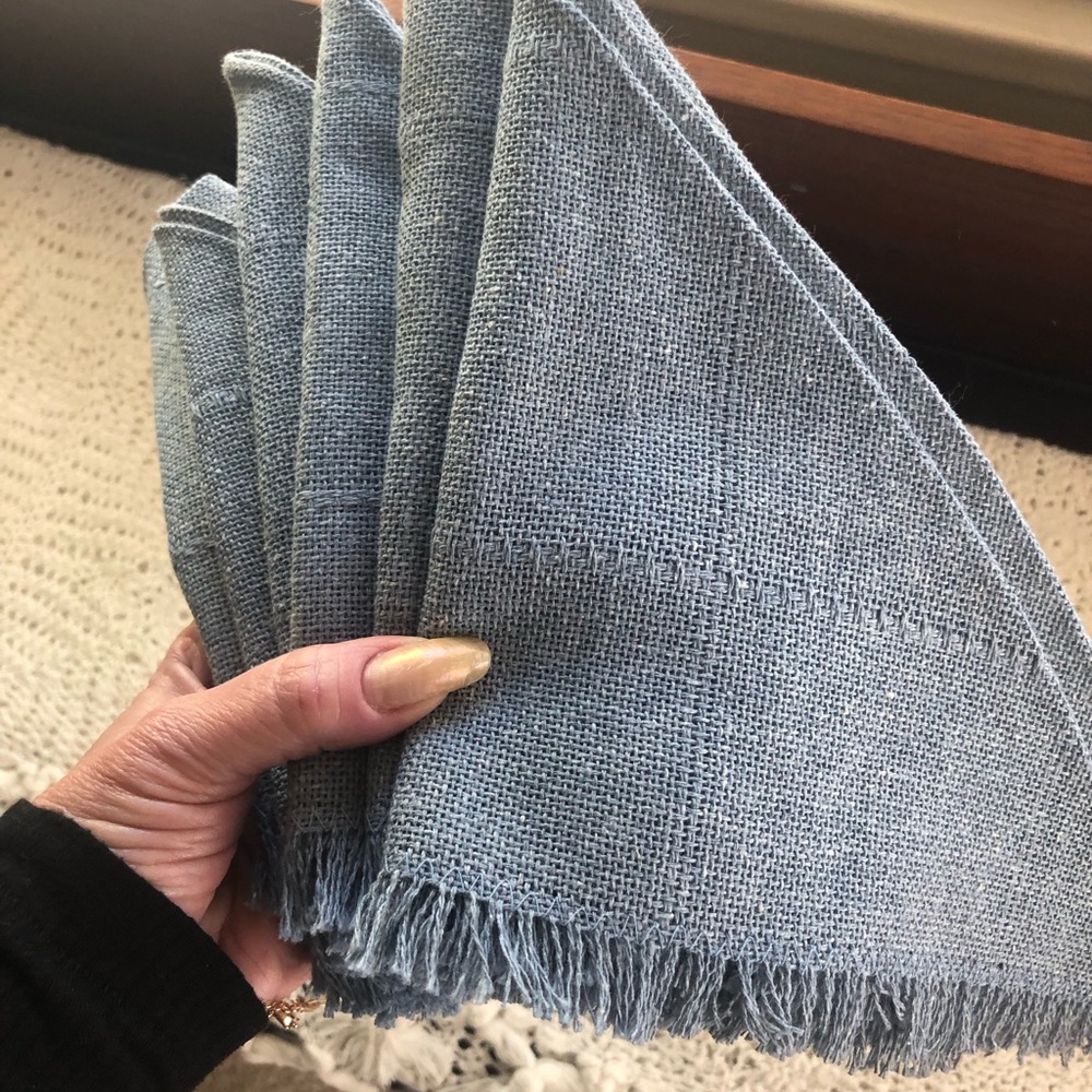 Cornflower blue vintage linen dinner napkins 6 six fringe
